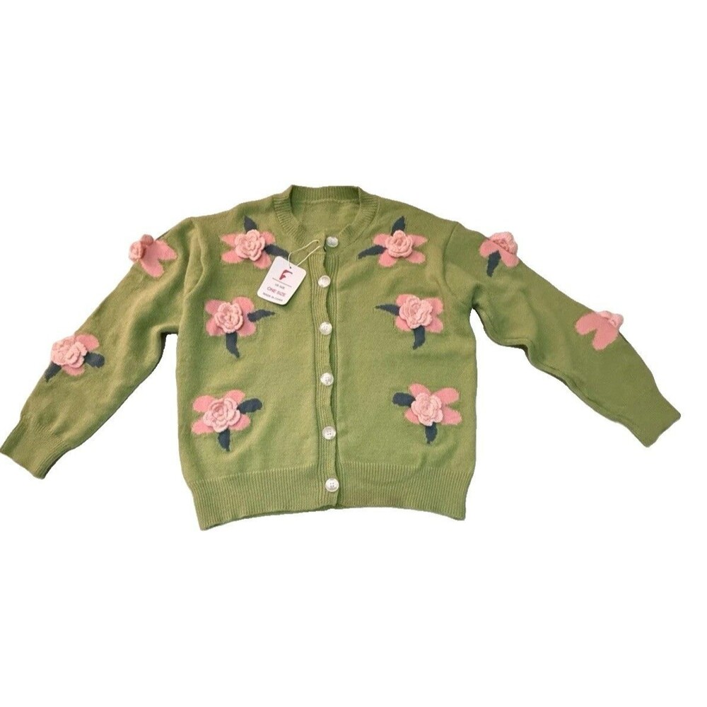 Sage Green Floral Knit Cardigan with Crochet Rose Accents